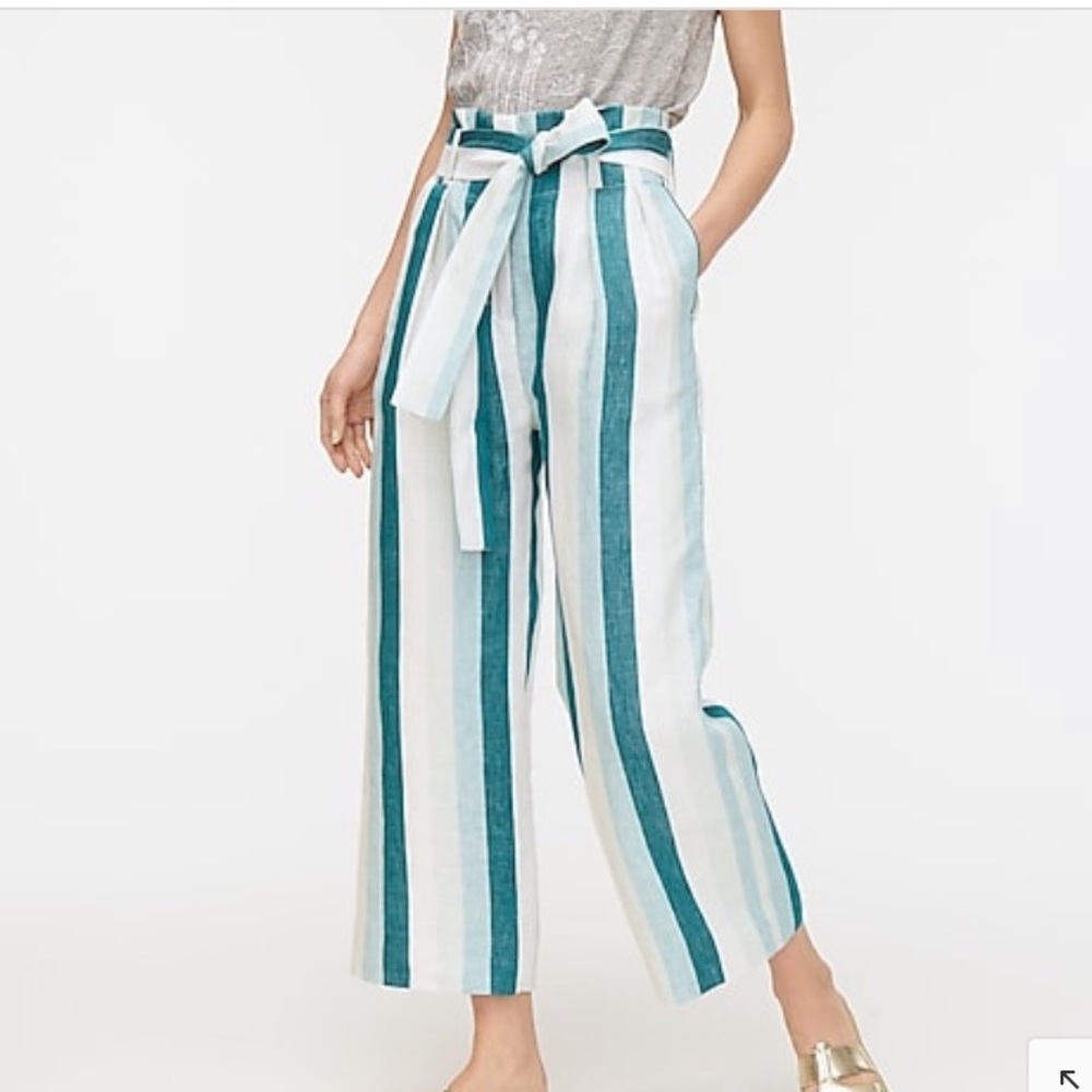 J. Crew Paper-Bag Style Tie Waist Linen Ankle Pant Color Turquoise Jade White